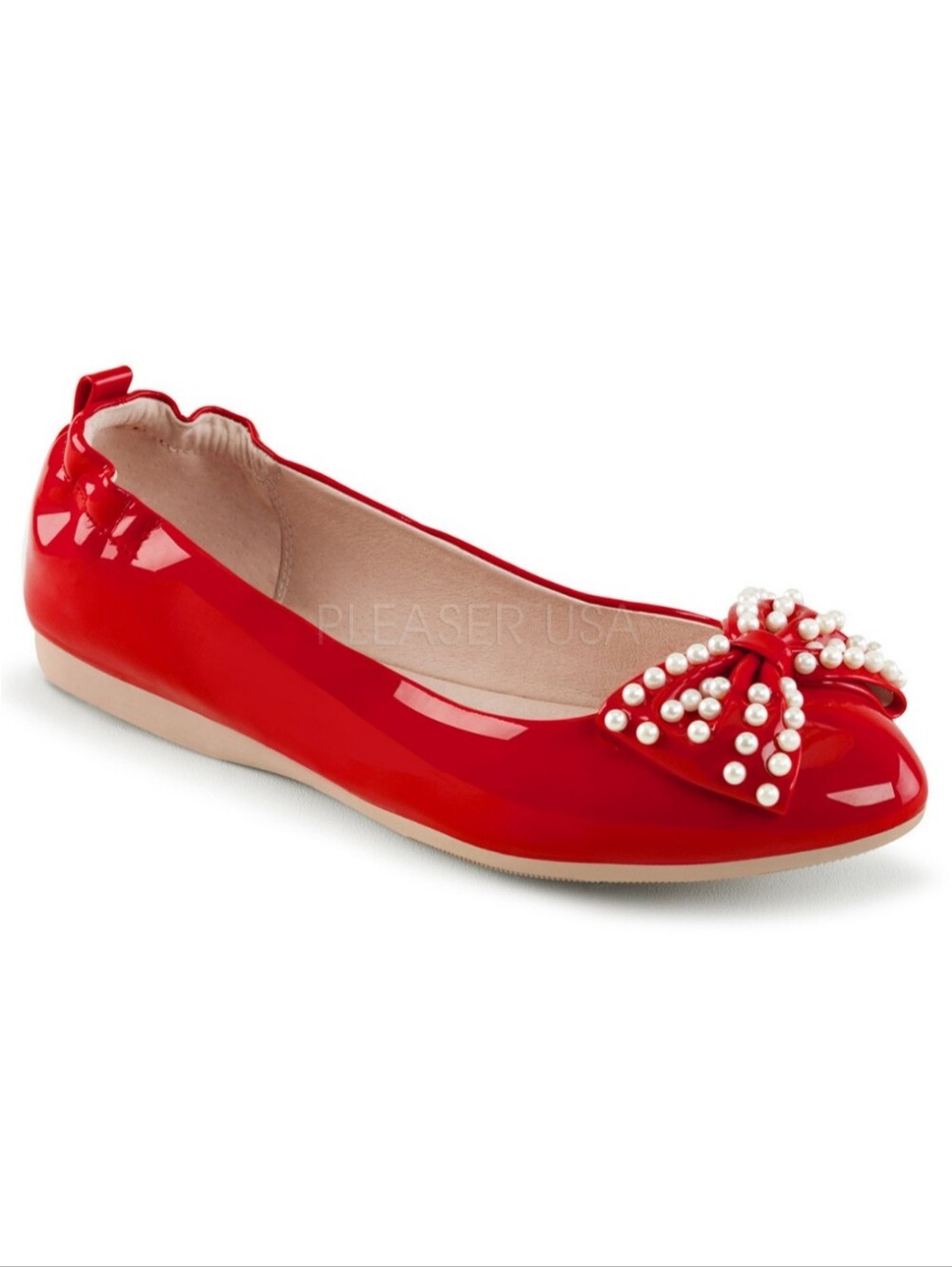 Pinup Couture | Ivy-09 Pointed Toe Flats with Pearl Bow- Red Patent